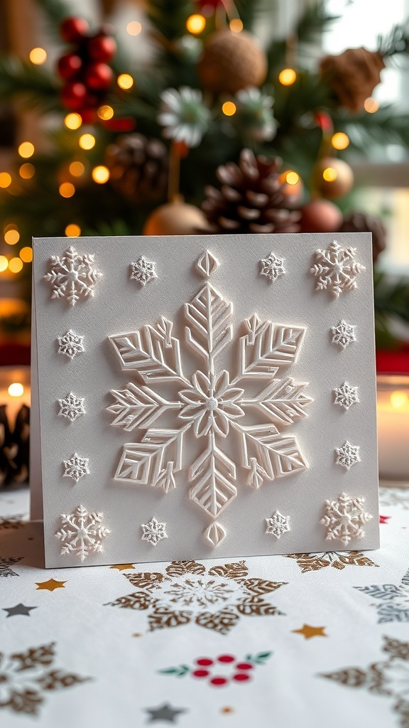 An embossed Christmas card with snowflake designs on a festive table.
